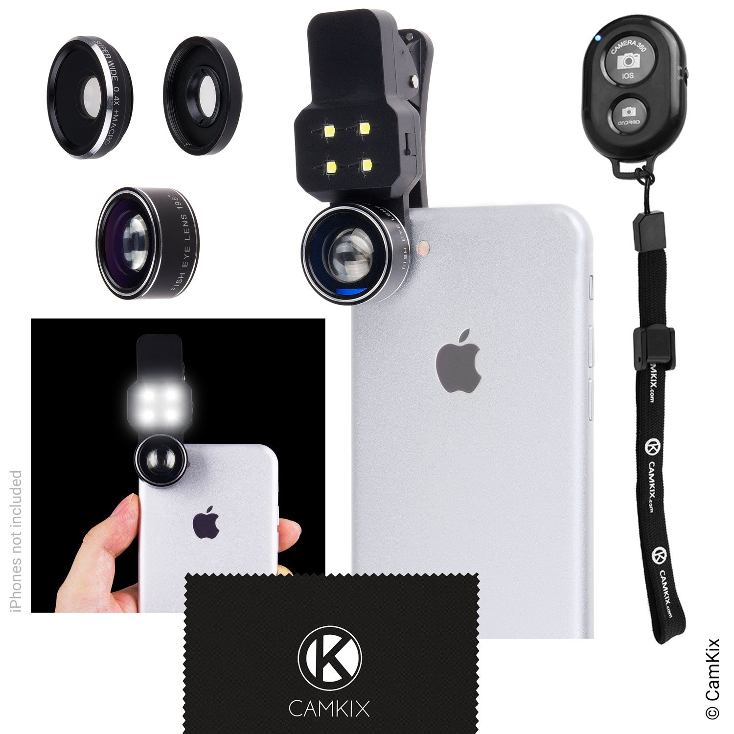 Camera Lens Kit with LED Light for Mobile Phone/Tablet, including