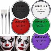 9Pcs Halloween Face Paint Kit - White Black Red Green Purple Makeup Kit | 4Pcs Brushes Included, Water Based, Clown Face Body Paint SFX Costume Makeup Set or Halloween Cosplay Party Special Effect
