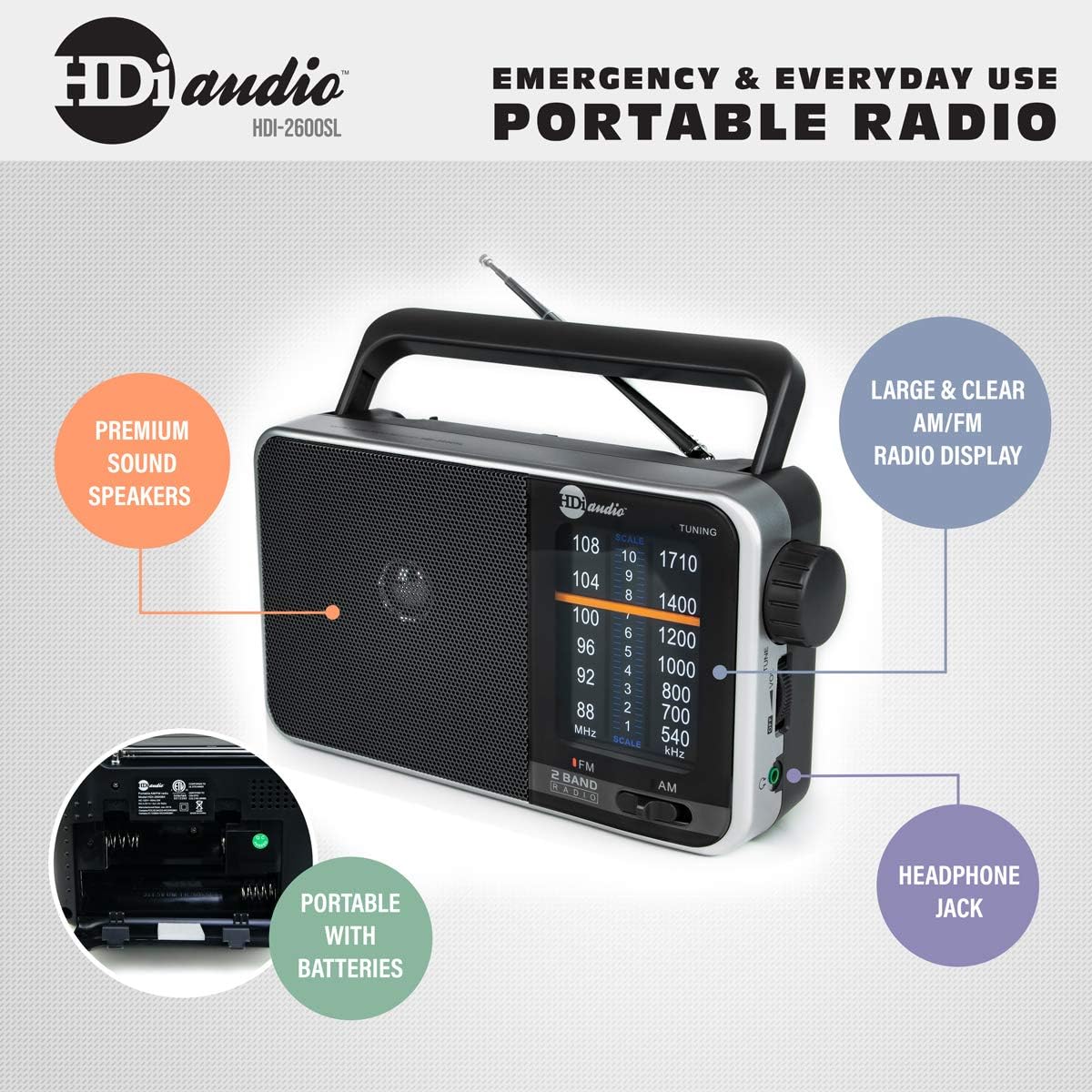 HDi Audio Home Portable Premium Retro AM/FM Analog Radio Player + Headphone Jack + Built in Speaker Rugged | Large Tuning Knob | Best Reception (Silver): Home Audio & Theater