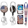 4th of July Patriotic Badge Reels Retractable with 360 Degrees Rotate Carabiner Clip Heavy Duty, American Flag ID Badge Holder Lanyard, Nurse Doctor Office Teacher School Supplies Gifts