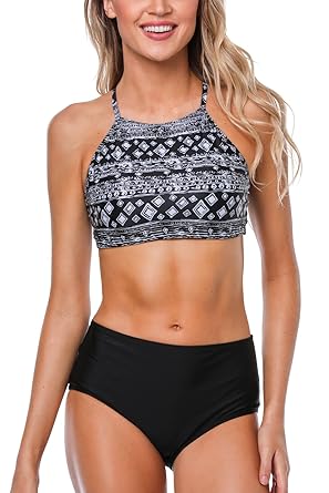 CharmLeaks Damen Blumen & Streifen Bikini Neckholder Swimsuit Zweiteilig Schwimmanzug High Neck Bikini