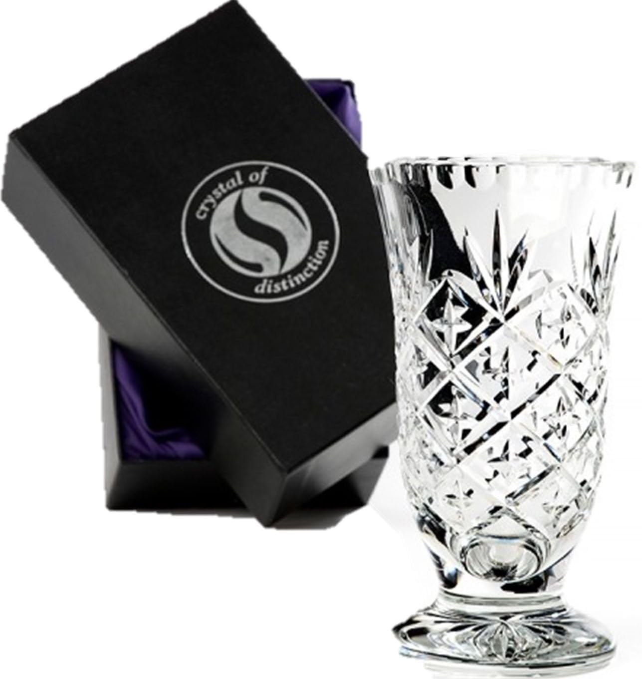 Swartons Hand Cut 24% Lead Crystal Flower Vase 18cm Footed Gift Box