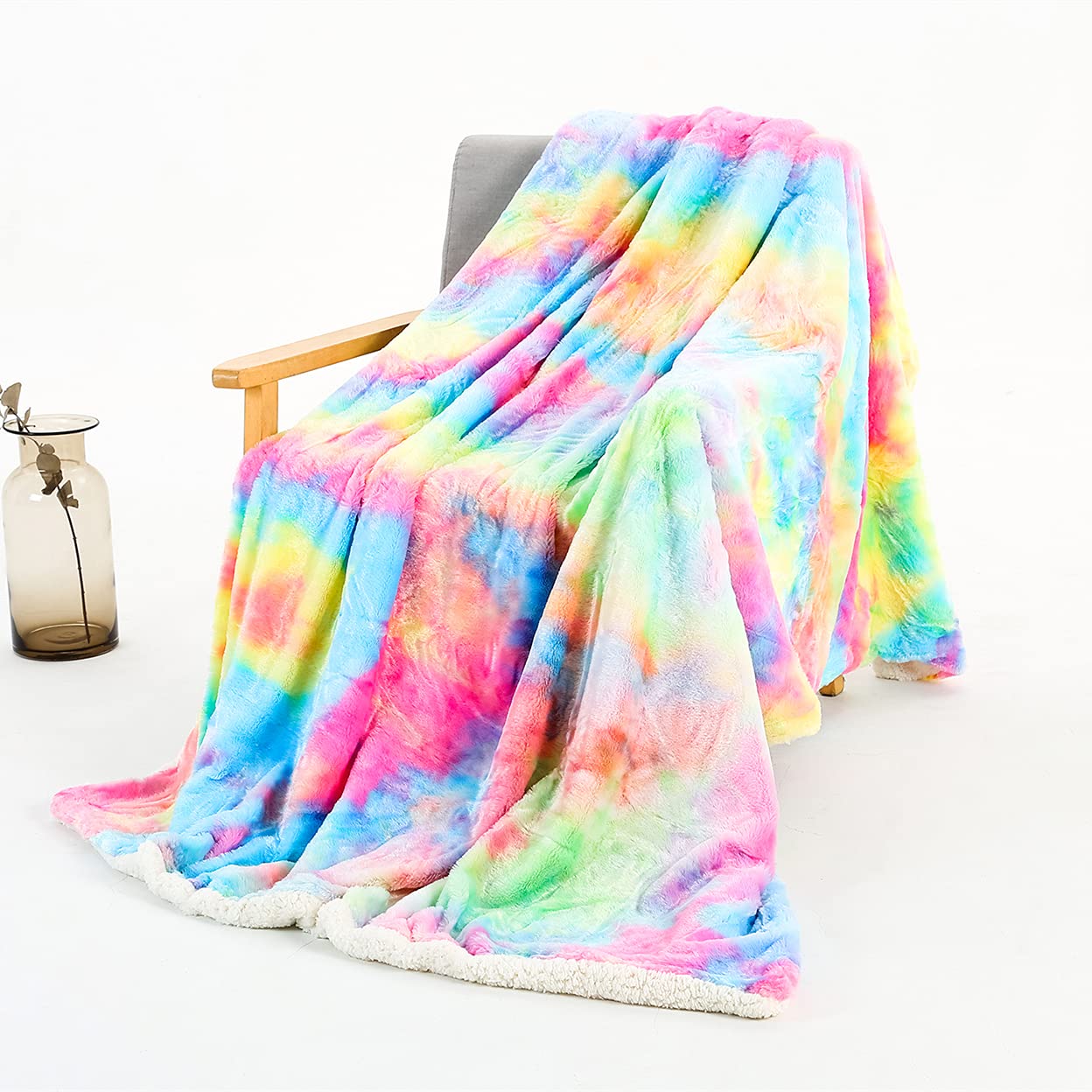 STYHO Tie-Dye Rainbow Sherpa Teddy Fleece Reversible Double Blanket for Bed and Couch Ultra Soft Thick Fluffy Luxury Snugly Blanket Throw(Rainbow,160 x 200cm)