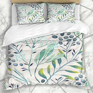 HATESAH Bettwäsche - Bettwäscheset Kräuter-Aquarell-botanisches Handblumenmuster auf Abstrakter grüner Blatt-klassischer Kräuter-Fern Plant Mikrofaser weich dreiteilig200*200
