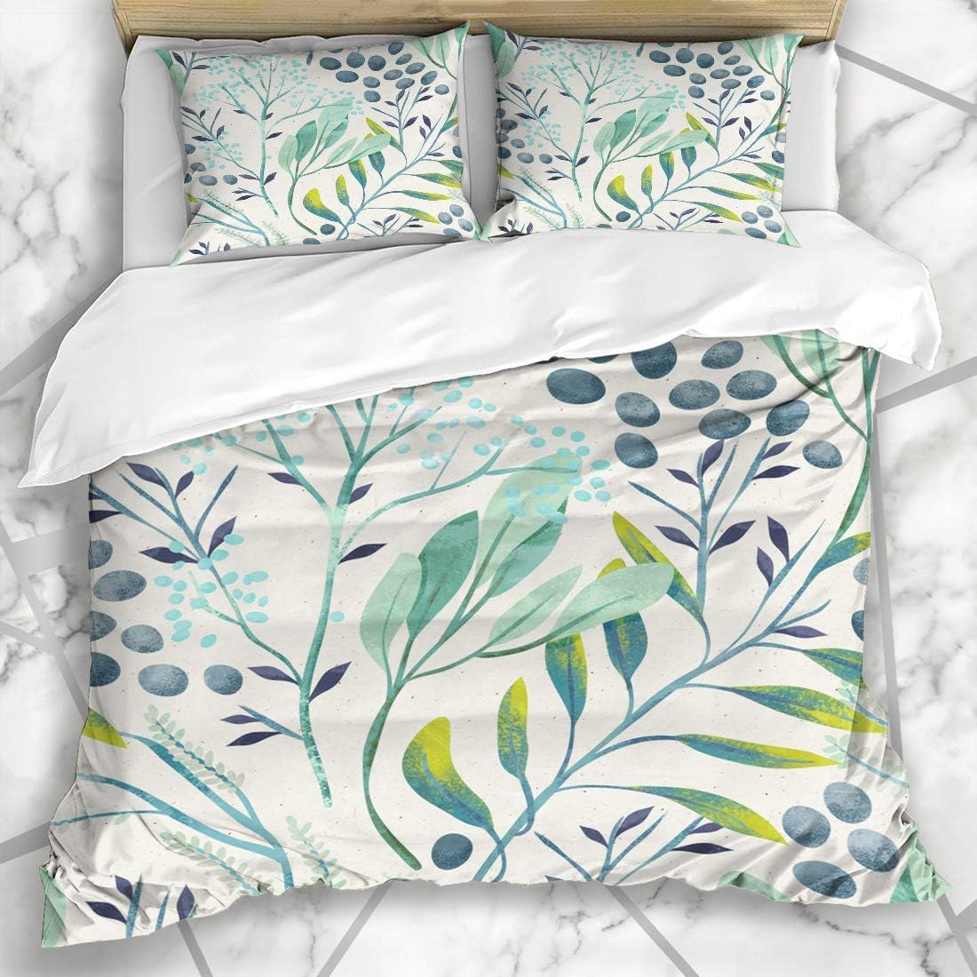 HATESAH Bettwäsche - Bettwäscheset Kräuter-Aquarell-botanisches Handblumenmuster auf Abstrakter grüner Blatt-klassischer Kräuter-Fern Plant Mikrofaser weich dreiteilig200*200