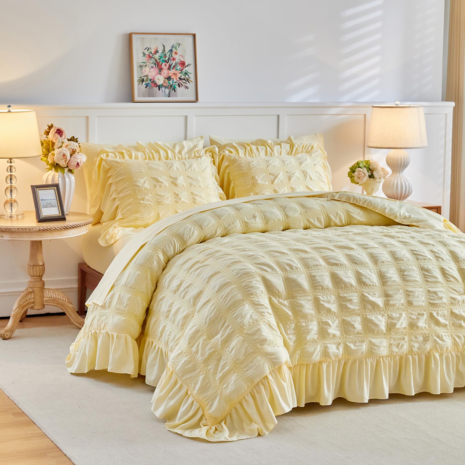Tititada Yellow Plaid Seersucker Comforter Set with Ruffled Fringe Twin ...