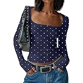 BAIGRAM Women Y2K Polka Dot Long Sleeve Crop Tops-Vintage Boho Scoop Neck Tee Shirt Tight Fit Jersey Tshirt Fall Outfits