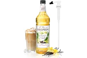 Monin - French Vanilla Syrup with Monin BPA Free Pump, Boxed, Versatile Flavor, Natural Flavors, Great for Coffees, Cocktails, Shakes, and Kids Drinks, Non-GMO, Gluten-Free (1 Liter)