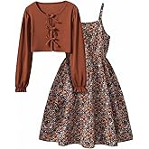 Verdusa Girl's Boho Floral Cami Dress with Bowknot Lightweight Cardigans Spring Dresses 2 Piece Outfits for Girls