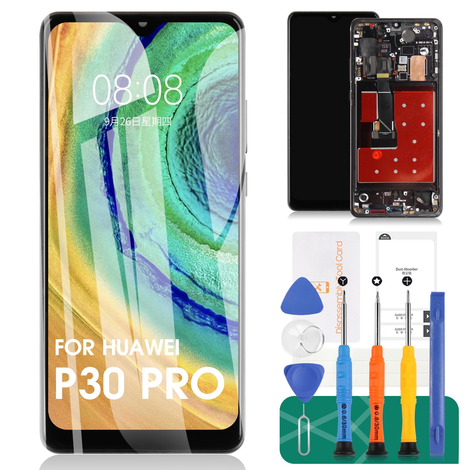 TFT For Huawei P30 Pro Screen Replacement LCD Display VOG-L29 VOG-L09 VOG-AL00 Touch Digitizer Sensor Kits With Frame(Black,No fingerprint,Not Curved Screen)