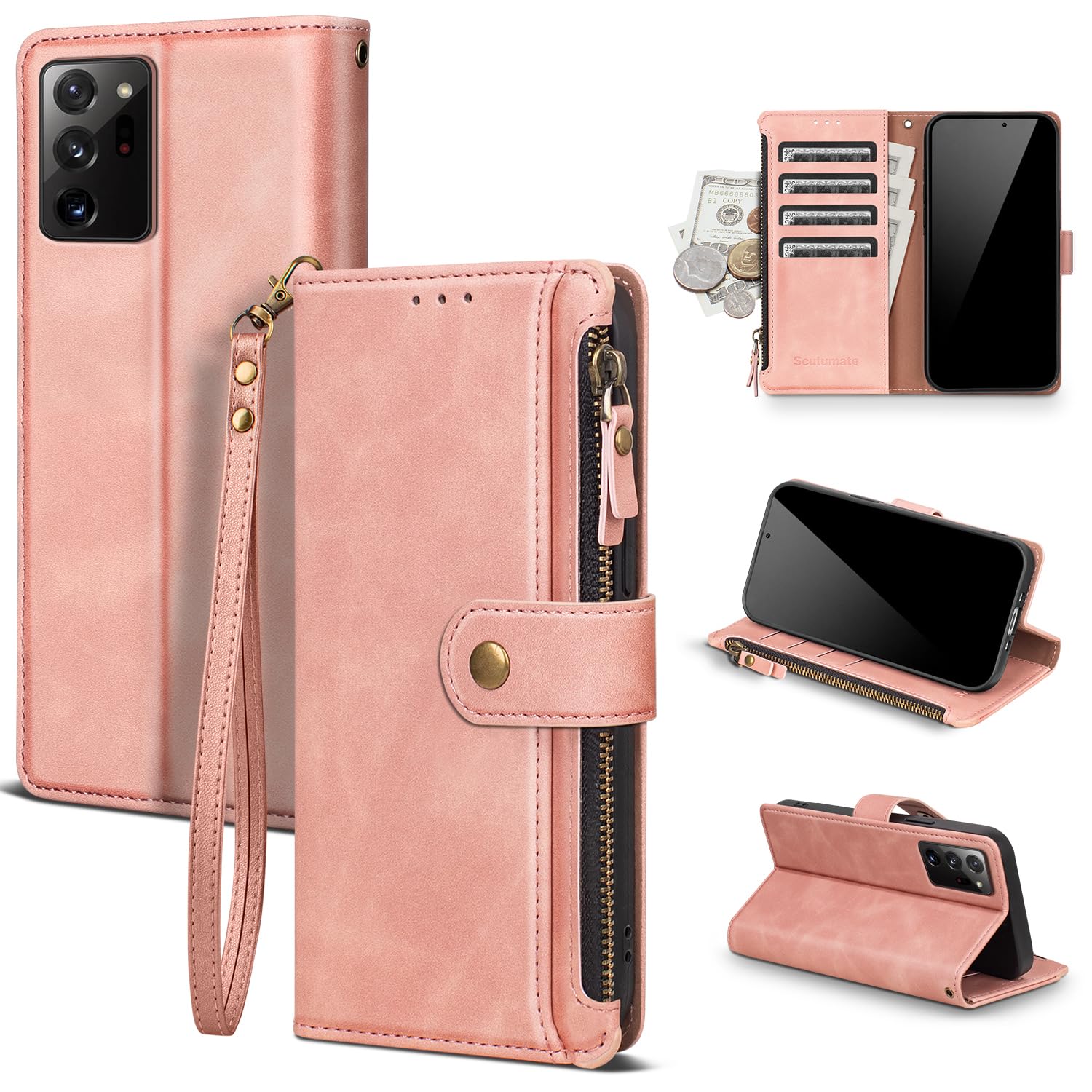 Scutumate Compatible with Samsung Galaxy Note 20 Ultra 5G Wallet Case with Card Holder RFID Blocking Zipper PU Leather Phone Case Flip Protective Cover Wrist Strap Credit Card Slots Men Women,Pink