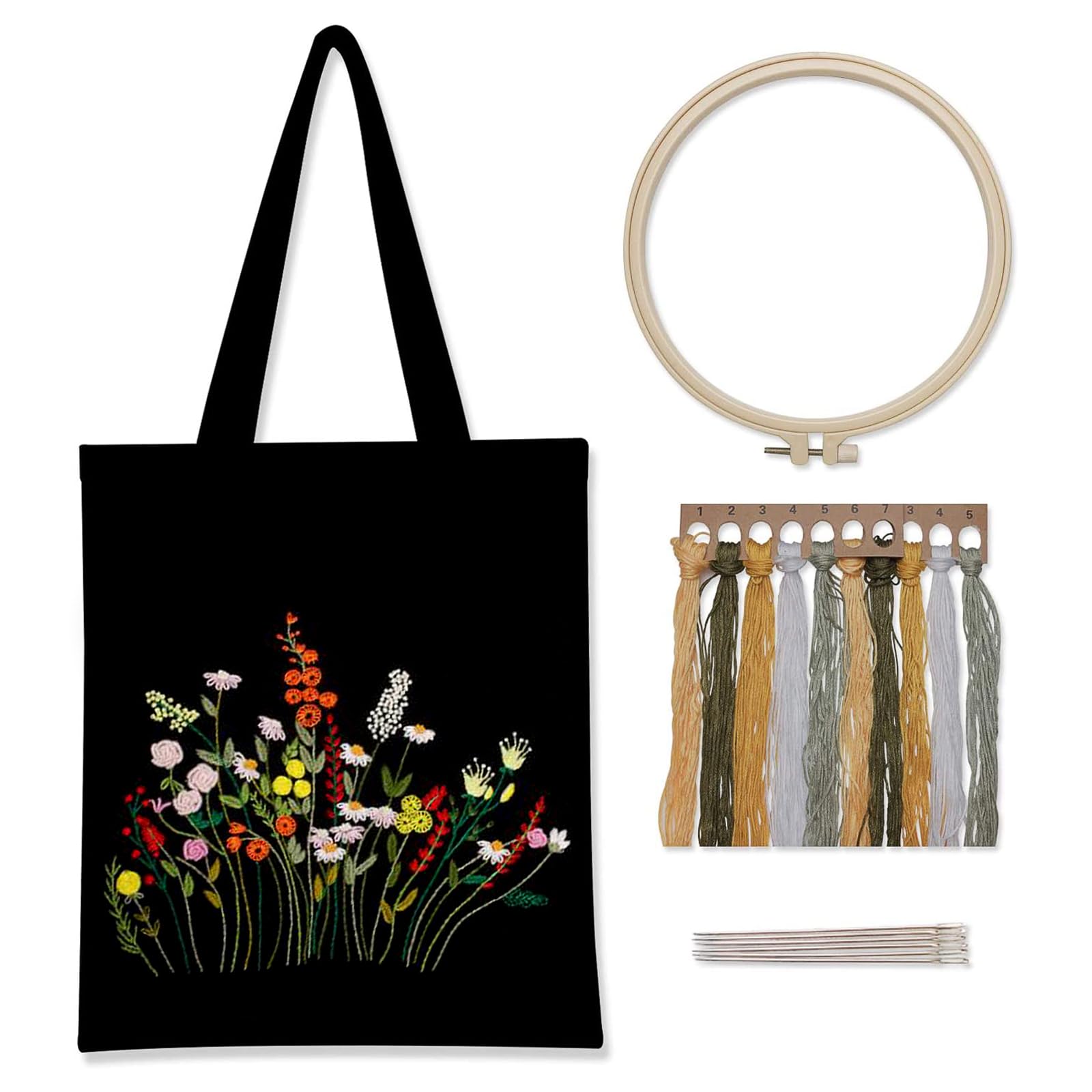 Cachpib Tote Bag Embroidery Kit With Pattern, Embroidery Bag with Flower Pattern, DIY Embroidery Tools Set Prosperous (Black Bag)