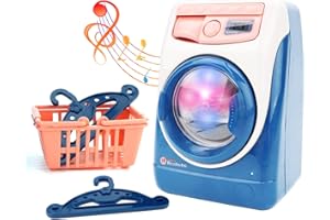 deAO Washing Machine Toy for Kids Dollhouse Furniture Pretend Play Household Appliance Realistic Sounds with Lights Laundry Play Set with Rotatable Roller for Children Birthday Present…