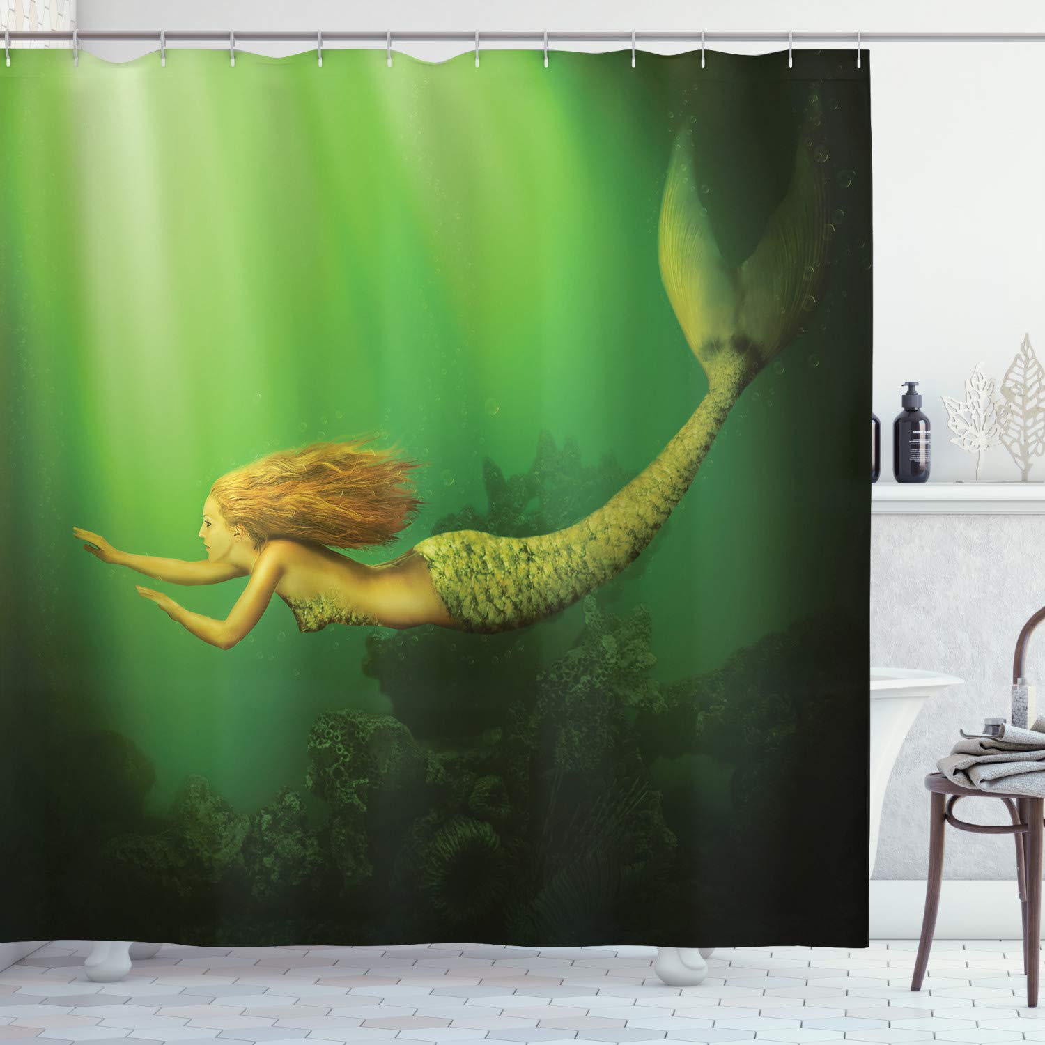ABAKUHAUS Mermaid Shower Curtain, Girl Fish Tail Swimming in the Deep Sea Fantasy World Artwork Print, Cloth Fabric Bathroom Decor Set with Hooks, 94 Inches, Dark Green Ginger Green