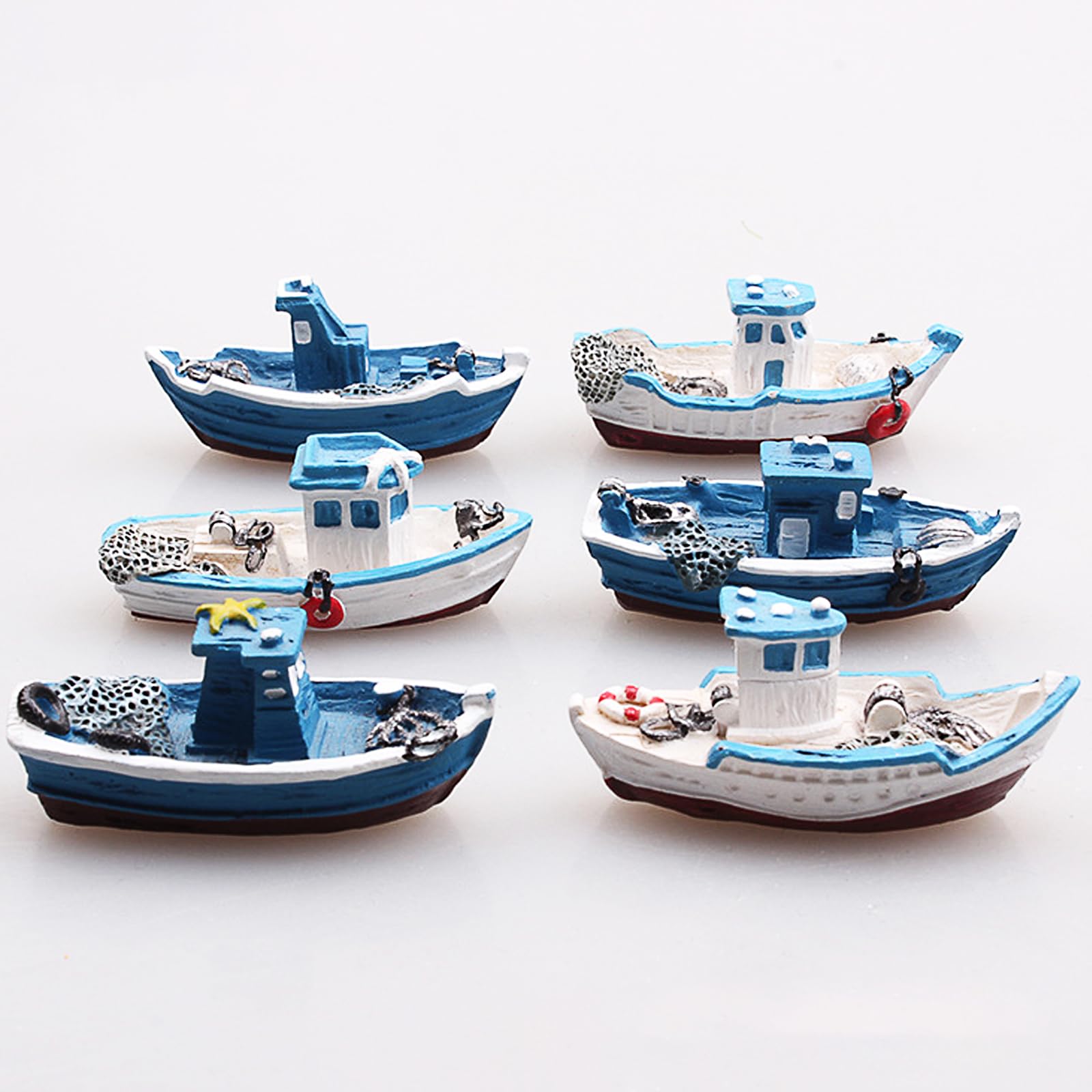6-Piece Miniature Fishing Boats Set - Vintage Mediterranean Style for Dollhouse, Fairy Garden & Micro Landscape Decor - Perfect for Ocean, Beach & Sea Themes (Random Styles)