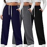 August Alley 3 Pack Women's Plus Size Wide Leg Yoga Pants, Baggy High Waist Lounge Pants, Drawstring Sweatpants with Pockets
