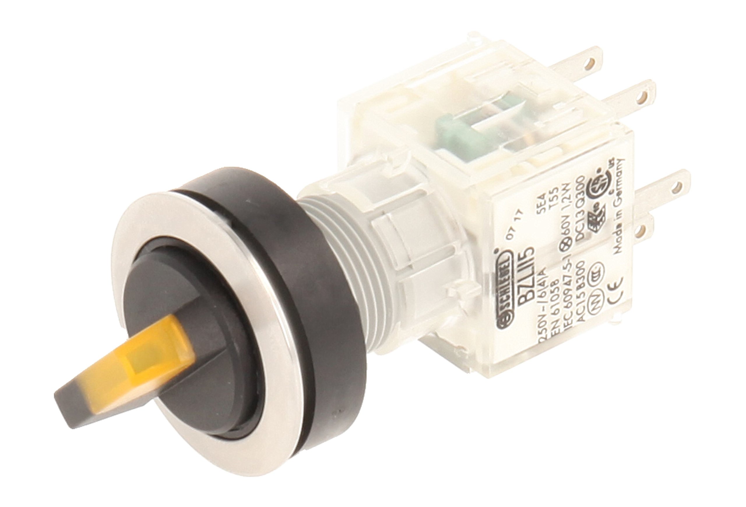 Club 23.001.284 Light Switch, rastend, Stainless Steel, 2 Positions Momentary Contact Sensor 2 Closers With Lamp Socket t5,5 K, LED, 24 V, YELLOW