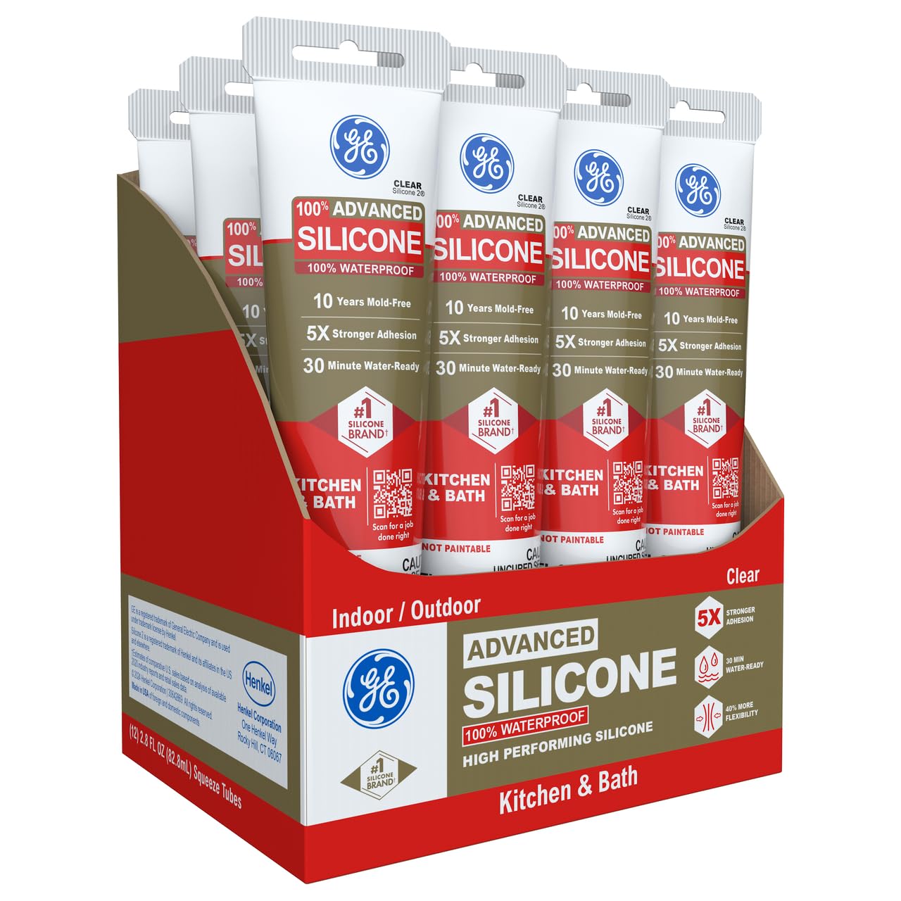 GE Advanced Silicone Caulk for Kitchen & Bathroom, Clear, 2.8 fl oz Tube, 12 Pack - 100% Waterproof Silicone Sealant, 5X Stronger Adhesion, Shrink & Crack Proof Image