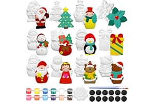 Sinmoe 12 Sets Christmas Ceramics to Paint Kits Paint Your Own Figurines Snowman Santa Arts and Crafts Set Painting Kit for Kids Unpainted DIY Ceramic Figurines with 12 Magnet 2 Brushes and 1 Palette
