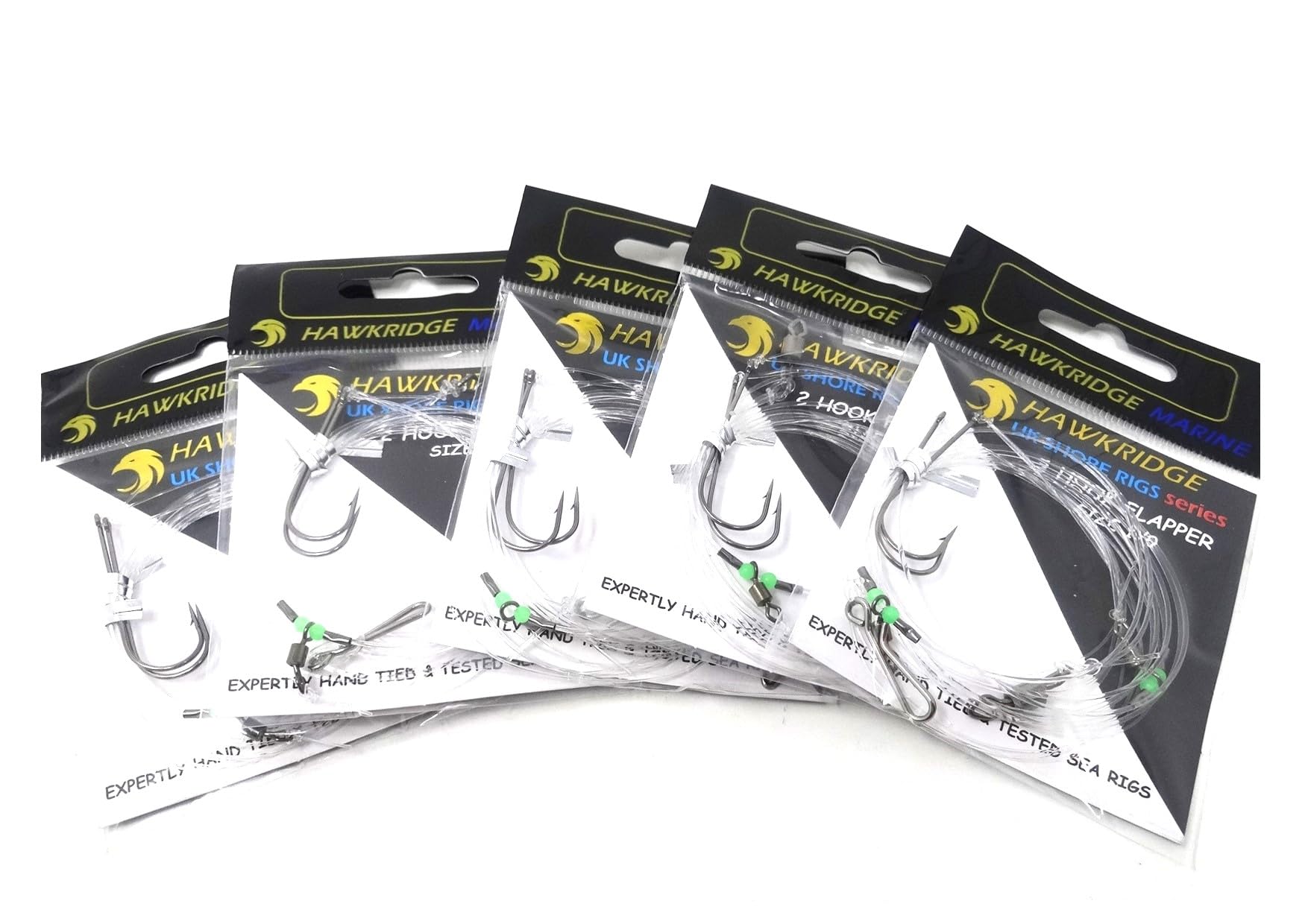 HAWKRIDGE RIG PRO SERIES - 5 Packs of Double Hook Type Commercial Quality FLAPPER Ready Tied Rigs - Ideal for Sea and Shore Fishing (5 pack - 2 Hook - Size 4)