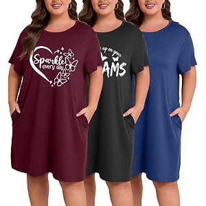 FEREMO Plus Size Nightgowns for Women 3 Pack Short Sleeve Sleepwear with Pockets Soft Printed Sleep Shirts Loungewear