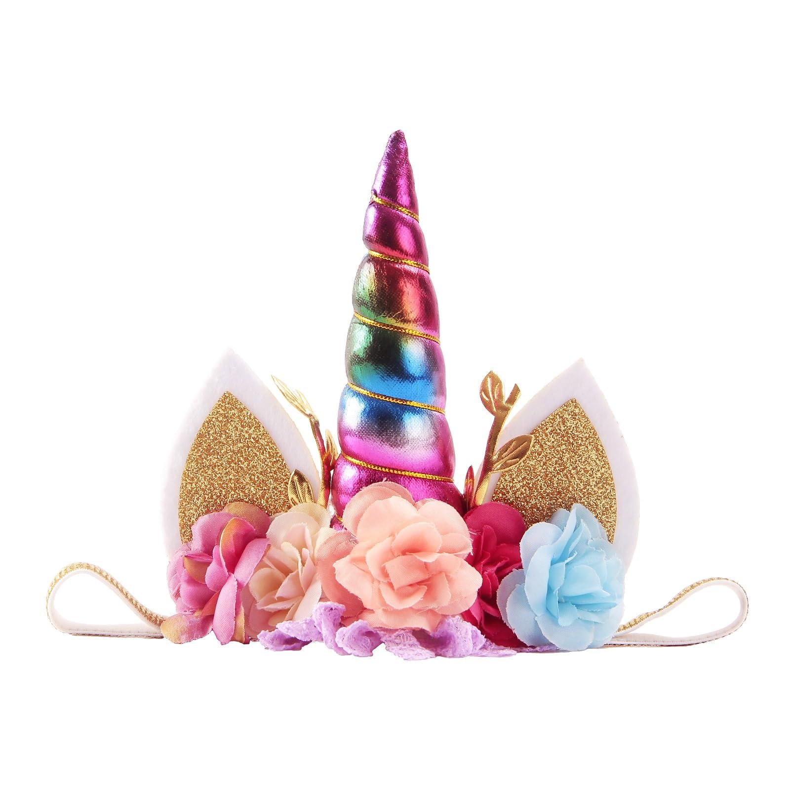 Nishine Roses Floral Unicorn Horn Headband Elastic Baby Girls Unicorn Hairband Party Supplies (Rainbow)