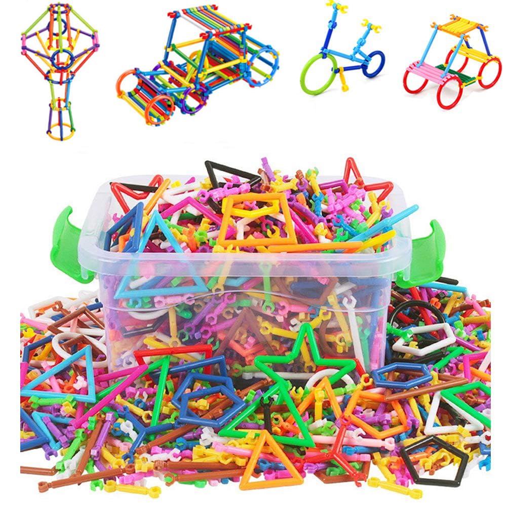 Construction Building Blocks Smart Bar Set Assembling 3D Puzzle Toys DIY Interlocking Sticks Kit Geometry Intelligent Learning Education Toys with Storage Box for Girls Boys Age 3 4 5 (300 Pcs Sticks)