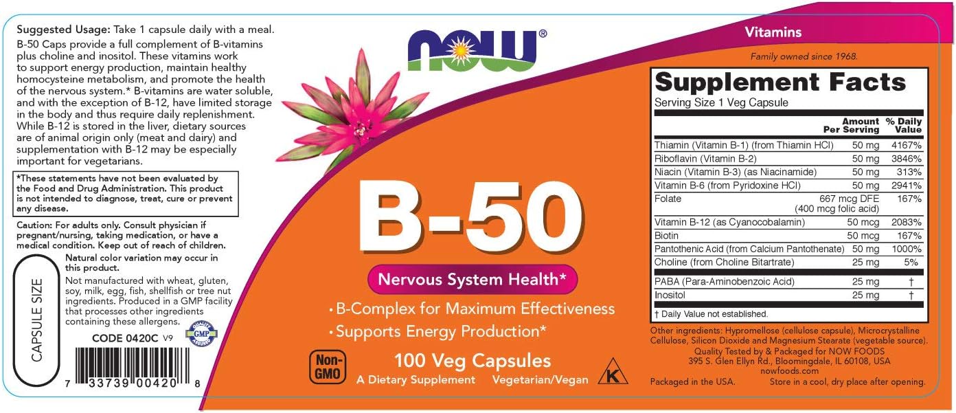 NOW Supplements, Vitamin B-50 mg, Energy Production*, Nervous System Health*, 100 Veg Capsules: Health & Personal Care