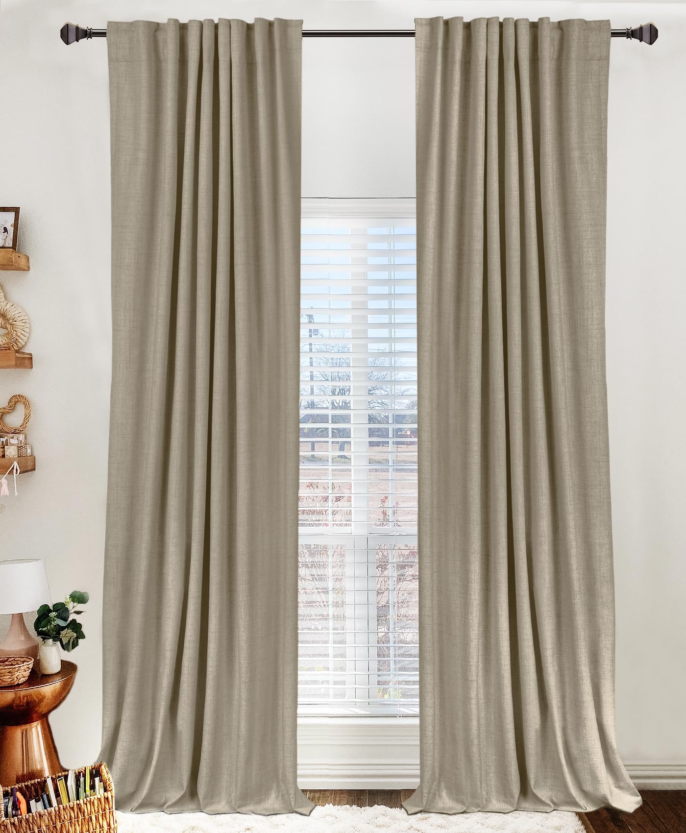 Photo 1 of 100% Blackout Shield Linen Blackout Curtains for Bedroom 96 Inches Long, Back Tab/Rod Pocket Living Room Drapes, Thermal Insulated Blackout Curtains 2 Panels Set, 50" W x 96" L, Plaza Taupe