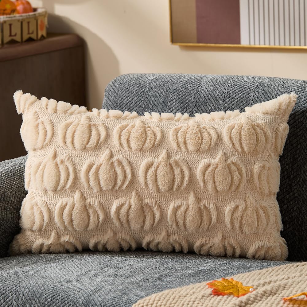 Photo 1 of DFXSZ Fall Pillow Covers 12x20 Fall Decorations Autumn Beige Small Pumpkins Decor Soft Plush Faux Fur Wool Couch Cushion Case for Chair Sofa Living Room Home Decor YZT099A