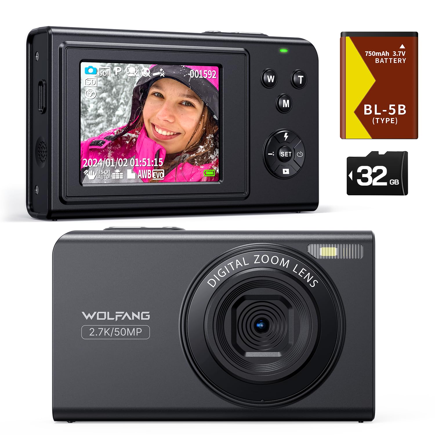 WOLFANG Digital Camera, 2.7K Kids Camera for Photography, 50MP Compact Vlogging, 16X Digital Zoom, Auto Focus Point and Shoot, Gift for Students Teens
