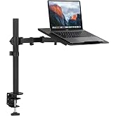 Mount-It! Laptop Desk Mount with Pole, 22 lb Capacity, Fits Up to 17 Inch | Black steel, 22 lb capacity, 14 x 11.75 in vented tray, 18.5 in pole, 15 in reach, 360 swivel, 90 tilt, clamp or grommet