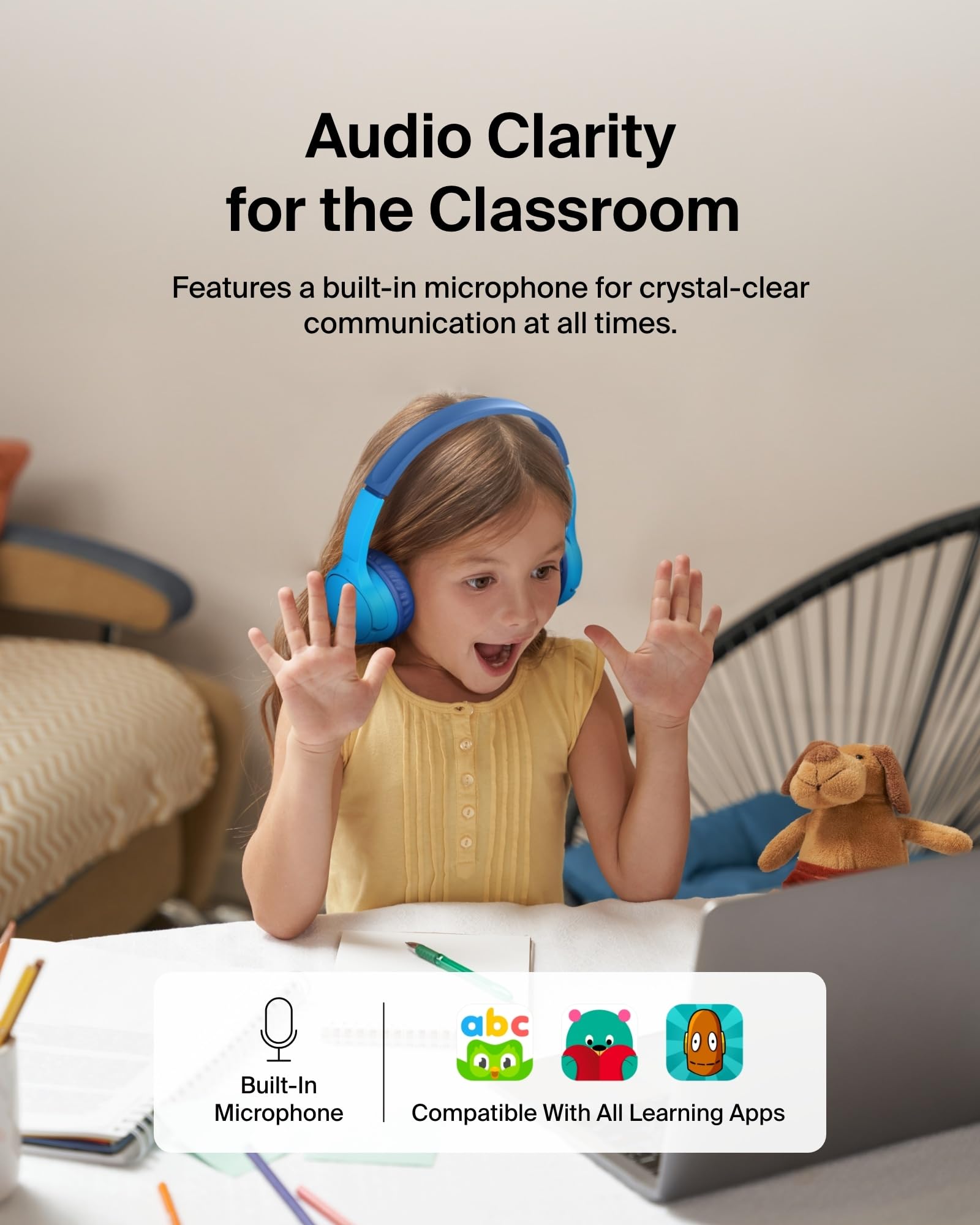 Belkin SoundForm Mini - Wireless Bluetooth Kids Headphones, 30H Battery, 85dB Safe Volume Limit, Built-in Microphone - Toddler On-Ear Earphones for iPhone, iPad, Fire Tablet, Ideal for School - Blue