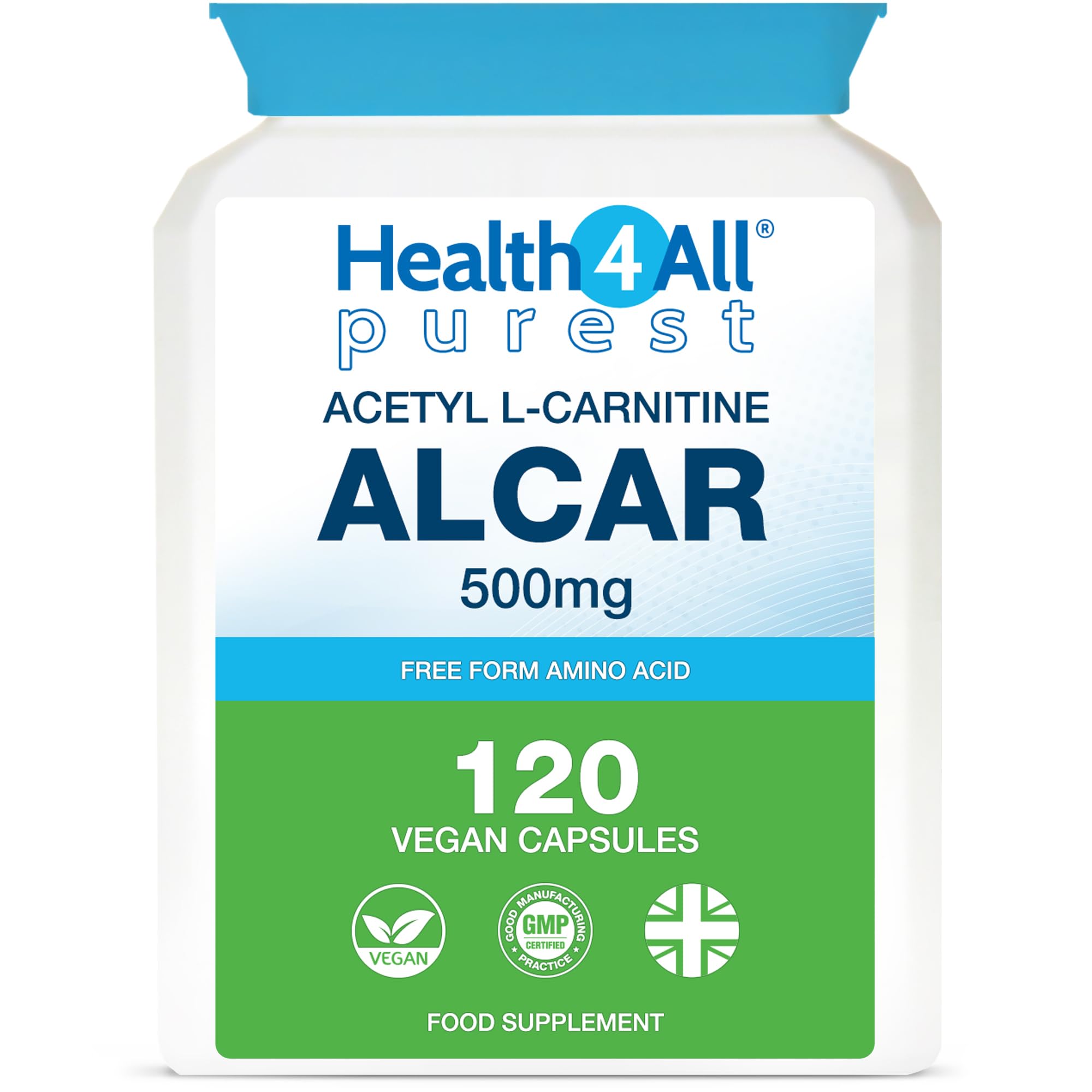 Health4All Acetyl L-Carnitine 500mg 120 Capsules, Purest High Strength ALCAR Amino Acid with no D-Carnitine, Vegan, Gluten-Free, GMO-Free Acetyl-L-Carnitine Supplement | Made in UK