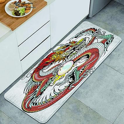 Amazon Ninehasa キッチンマット 洗える 45 120cm 大きな真珠の星座を保持しているドラゴンの繁体字中国語の生き物フォークタトゥーグラフィック キッチンマット 滑り止め 柔らかく おしゃれ 台所 マット お手入れ簡単 Ninehasa キッチンマット 通販