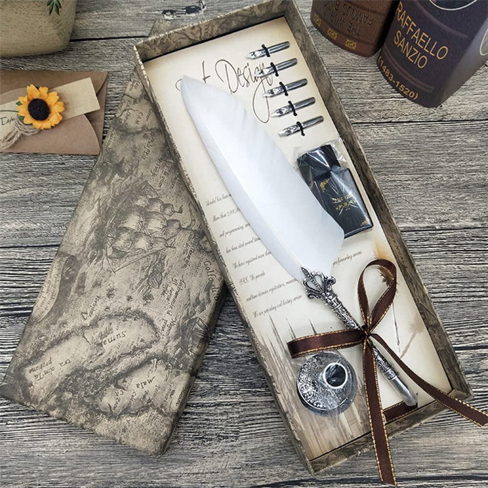 Tikwisdom TikwisdomCalligraphy Pen Set, Writing Feather Pen, Handcrafted Real Feather and Stainless Steel Nib Best Antique Executive, Ink Included, Upgraded Writing Pen (White)
