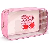 Kacctyen Pink Bow Clear Makeup Bag Coquette Pink Bow Travel Toiletry Preppy Cosmetic Bag Travel Organizer Trendy Portable Gift for Women Girlfriend Bridesmaid Birthday Mothers Day(Cherry Bow)