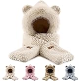 nemokamai Hooded Scarf for Women Winter, Cute Bear Ear Hat Scarf 3 in 1 Faux Fur Gloves Set