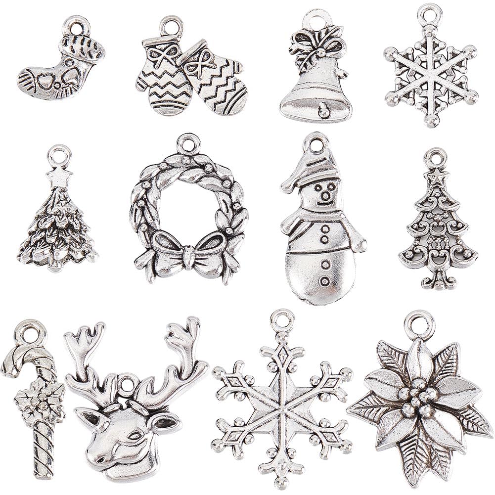 SUNNYCLUE 1 Box 72Pcs 12 Style Christmas Charm Holiday Charm Bulk Tibetan Silver Alloy Candy Snowflake Snowman Xmas Christmas Tree Charms for jewellery Making Charms DIY Necklace Women Beginner Adult