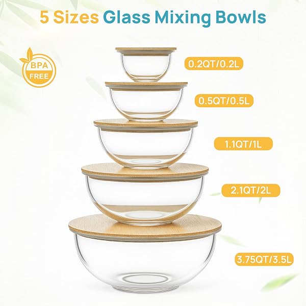 VTOPMART 5 PACK GLASS MIXING BOWLS WITH BAMBOO LIDS SET (3.75/2.1/1.1/0.5/0.2 QT), SALAD BOWL SET, NESTING KITCHEN BOWLS FOR SERVING, PREPPING, COOKING AND BAKING, DISHWASHER & MICROWAVABLE SAFE
