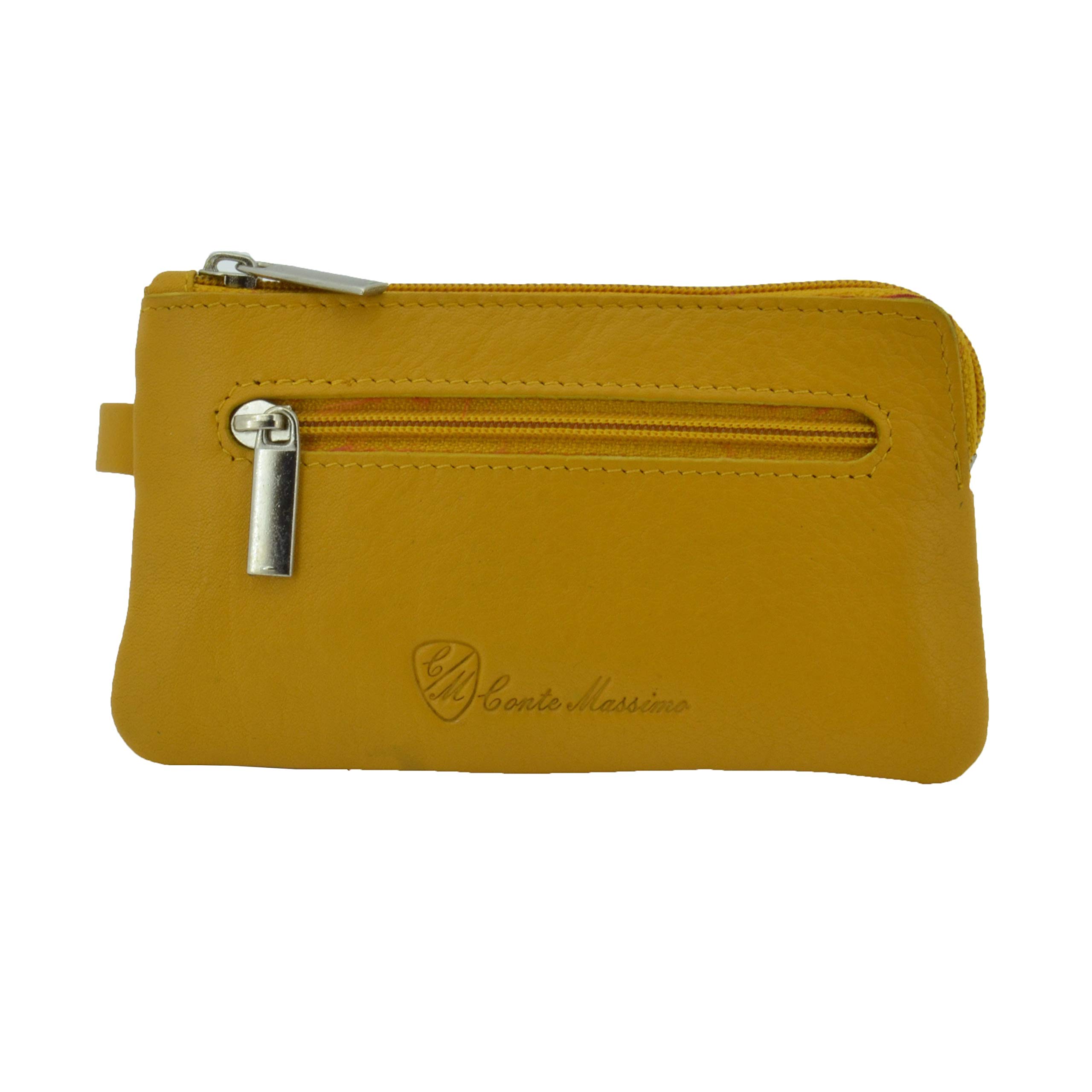 CM Conte Massimo Genuine Leather Key Holder, Zipped Key Case with Key Hooks for Men & Women, Coin Purse Wallet, Gift Box - Yellow