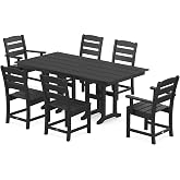 POLYWOOD Lakeside 7-Piece Outdoor Dining Set, All-Weather HDPE Patio Furniture Table and Chairs, Black, Made in USA, Deck, Garden, Poolside