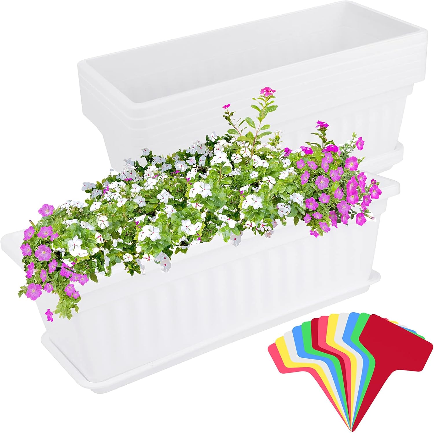 Elcoho 6 Pack Flower Window Box Planters 17 Inches Plastic Vegetable Plant Pot Rectangular Planters with Trays for Windowsill, Patio, Porch, Garden, Home Decor (White)