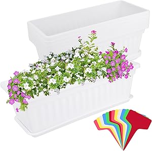 Elcoho 6 Pack Flower Window Box Planters 17 Inches Plastic Vegetable Plant Pot Rectangular Planters with Trays for Windowsill, Patio, Porch, Garden, Home Decor (White)