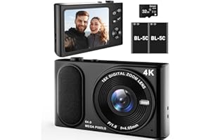 HIACINTO Digital Camera 4K, 64MP Autofocus Vlogging Device 16X Zoom, Compact Point and Shoot, Anti-Shake, Small Travel Camera for Adult Beginners and Teens, 32GB Card, 2 Batteries (Modern, Black)