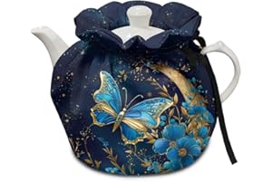 Xoenoiee Blue Butterfly Floral Moon Print Tea Pot Cover Tea Cozy Insulation Teapot Cosy Tea Pot Warmer Cover for Home Kitchen Table Teapot Kettle Cover Keep Warm