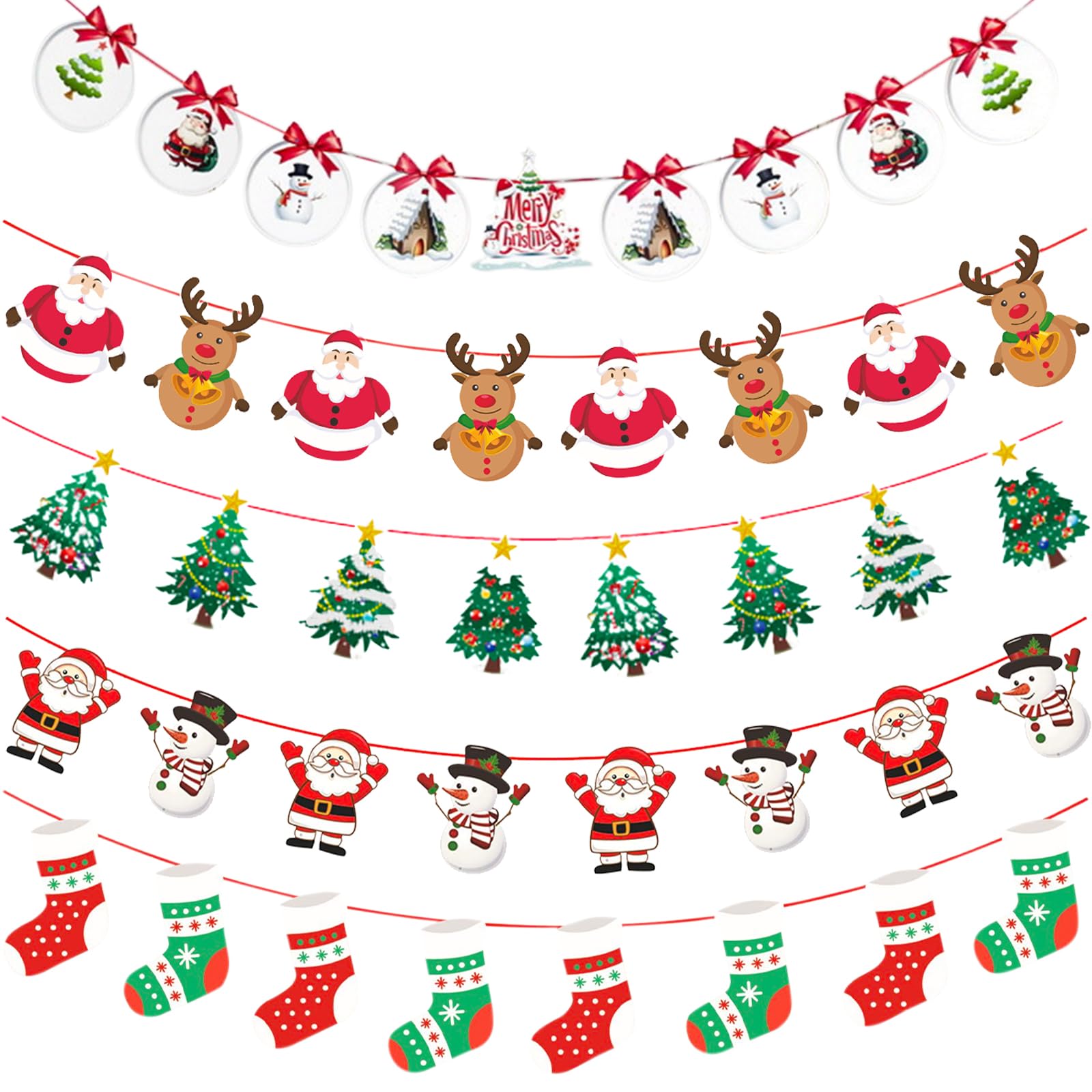 5PCS Christmas Hanging Bunting Garland Decorations Xmas Hanging Bunting Banner Santa Snowman Reindeer Christmas Bunting Flags for Christmas Party Decor