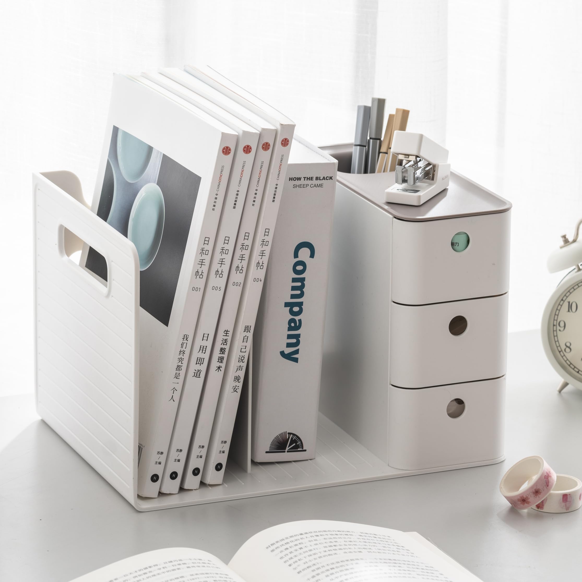 Photo 1 of HKeeper White Plastic Desktop Organizer with File slots,3-tier Drawers with Pen Holder,Book Stand for Office Supplies and Desk Accessories (White+Grey)