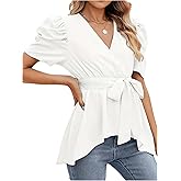 SweatyRocks Women's Puff Short Sleeve Blouse V Neck Asymmetrical Hem Belted Peplum Tops