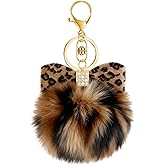 PLwelth Pom Pom Keychain for Women Girls Plush Bag Charms for Handbags Leopard Print Keyring for Car Keys Backpack Tote Bag